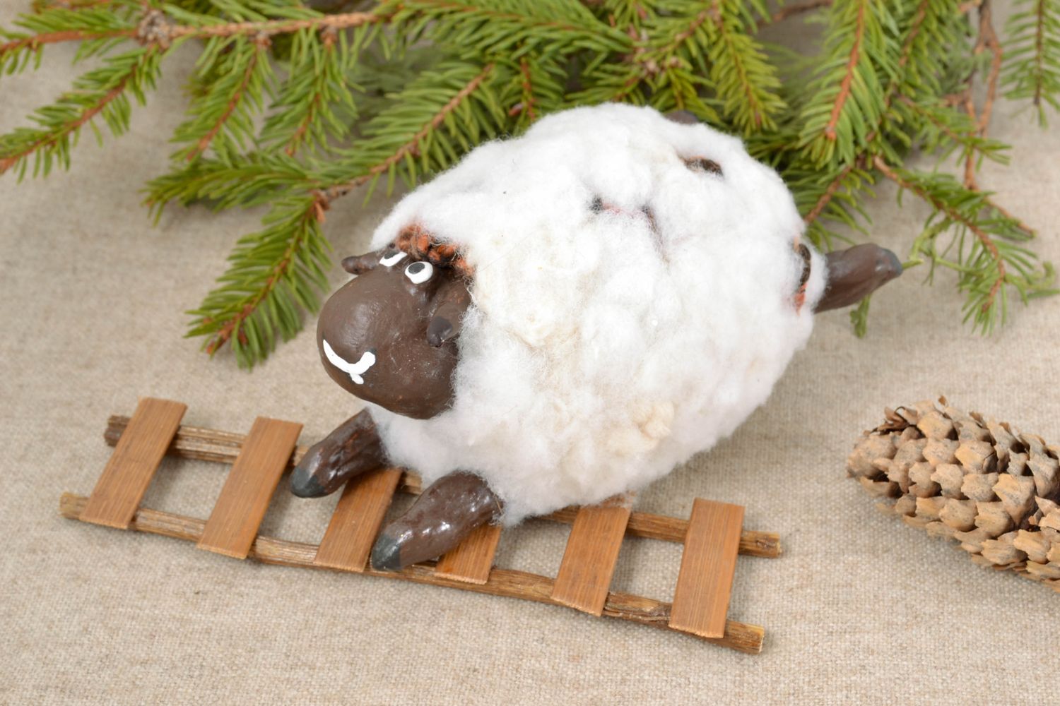 Papier mache statuette with wool Sheep photo 1