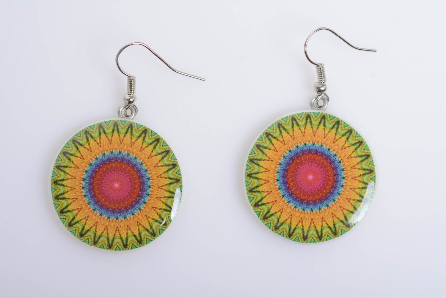 Beautiful bright handmade polymer clay round earrings with decoupage for summer photo 5