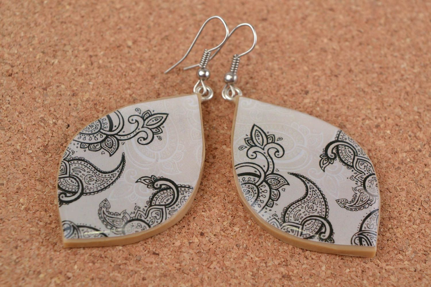 Unusual handmade designer polymer clay earrings with decoupage black and white photo 1