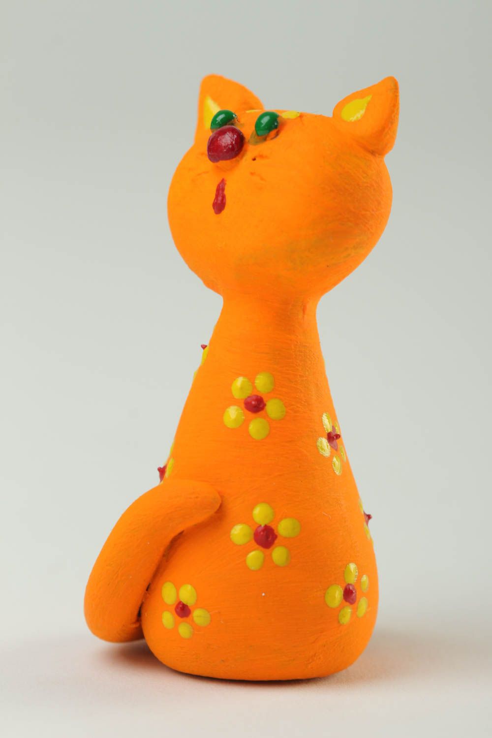Figurine chat orange Statuette déco en argile peinte fleurs Déco maison photo 2