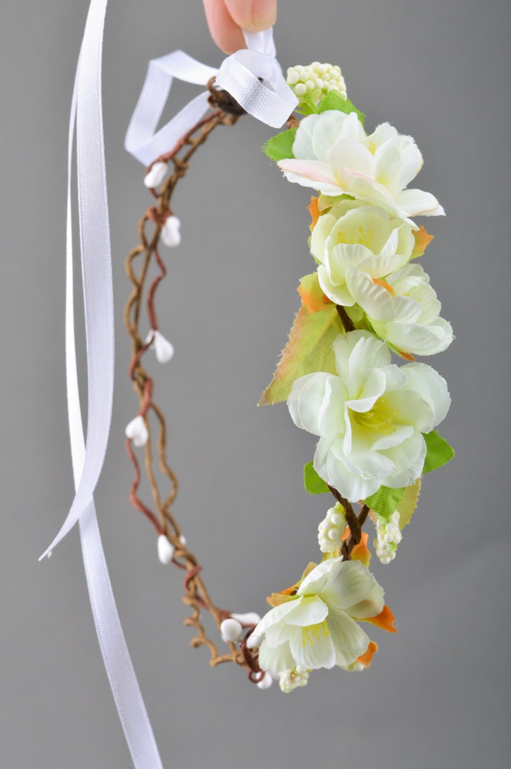 Tender homemade headband with artificial  white flowers Cherry Blossom photo 3