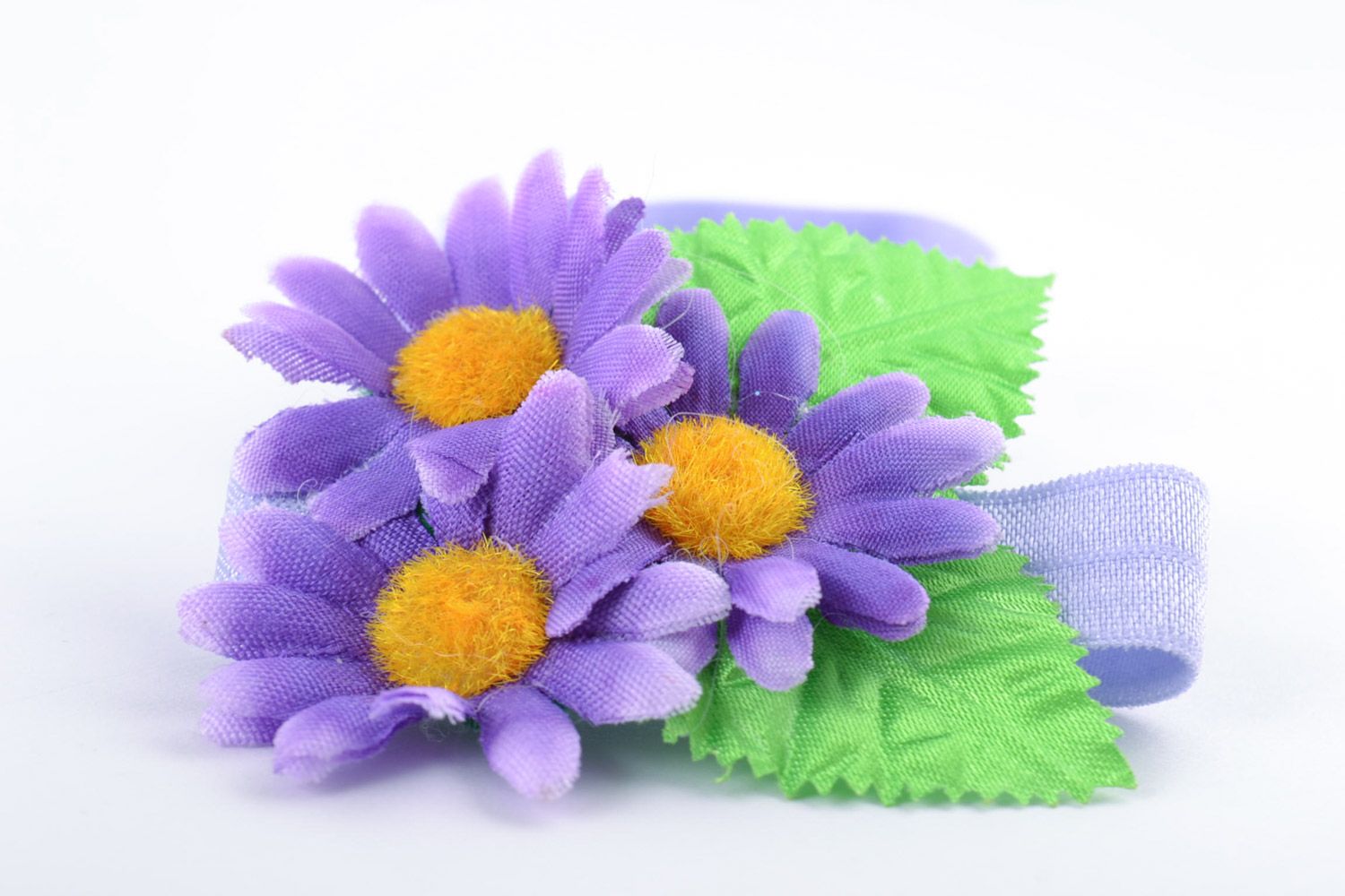 Handmade child's stretch headband with floral composition in lilac color palette photo 4