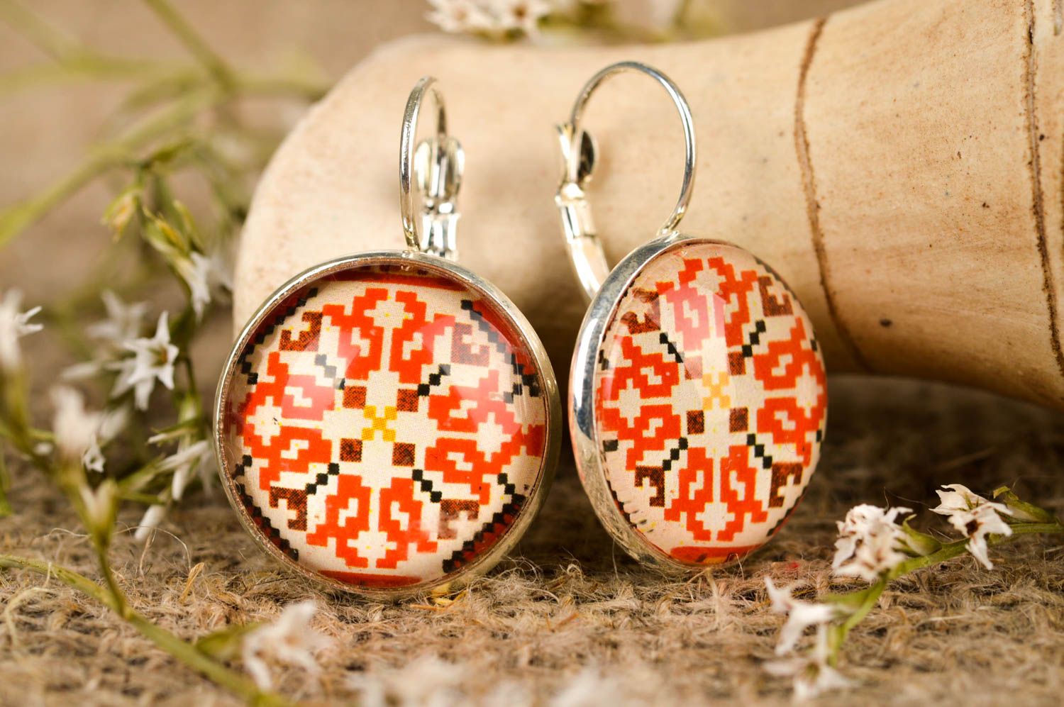 Handmade cabochon earrings round-shaped earrings vintage earrings with charms photo 1