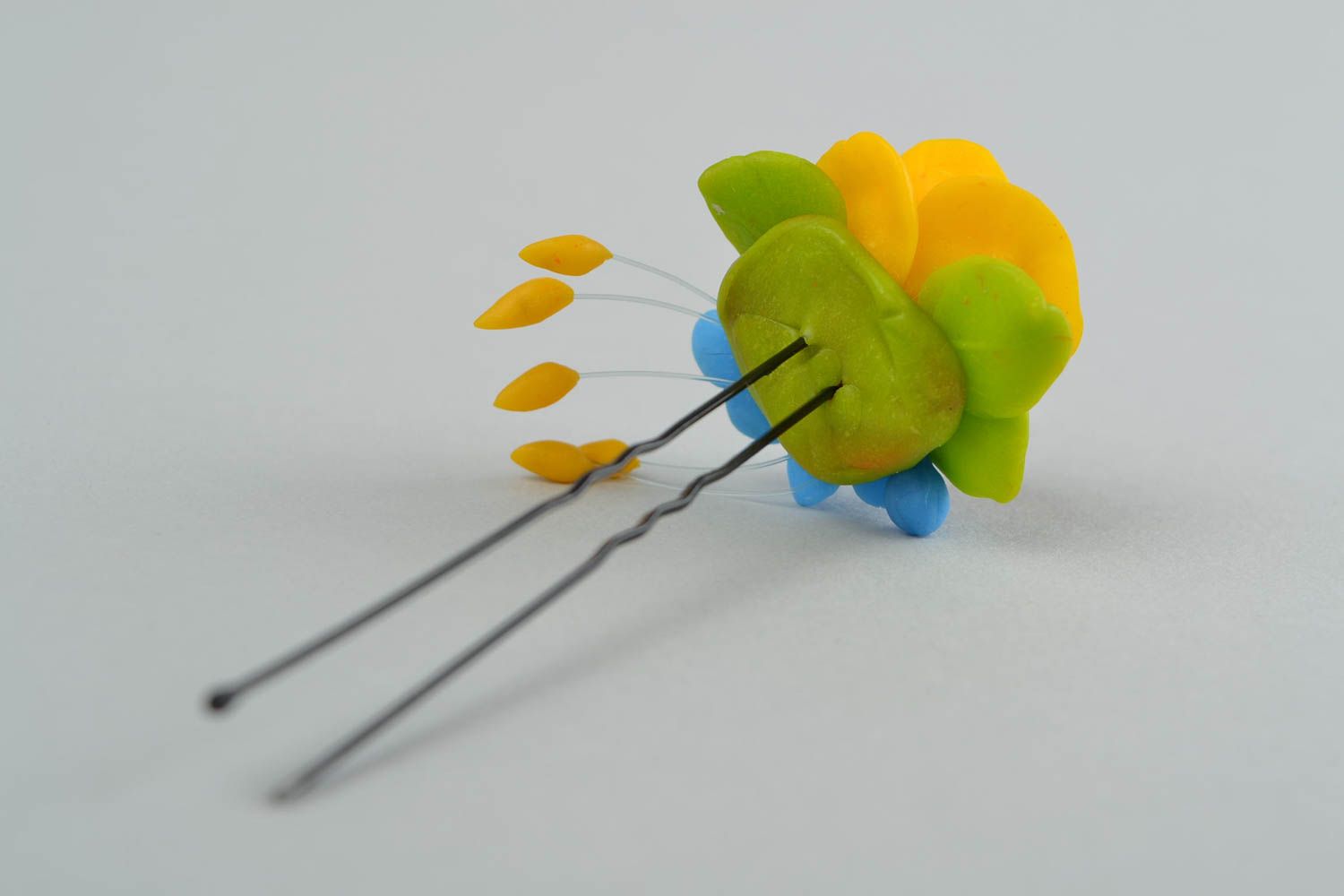 Little hairpin made of polymer clay yellow with blue handmade hair accessory photo 5
