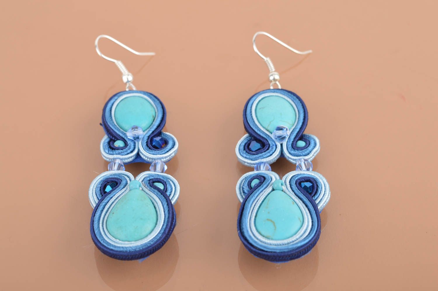 Beautiful handmade stylish designer long textile soutache earrings with beads photo 2