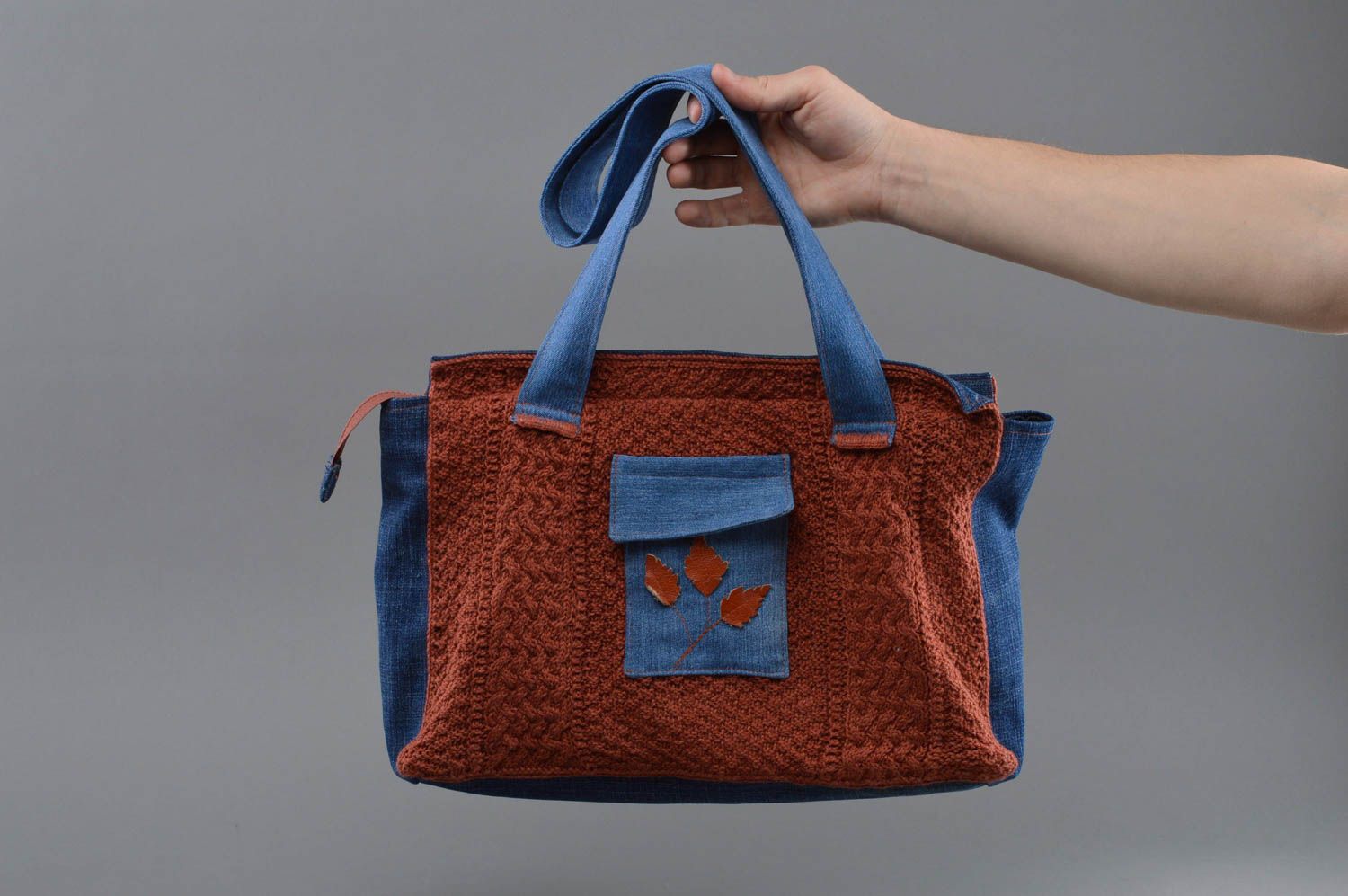 Denim stylish handmade unusual handbag blue with brown beautiful purse photo 4