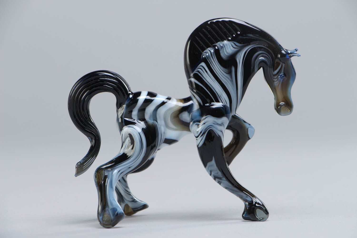 Handmade collectible lampwork glass miniature figurine of black and white horse photo 2