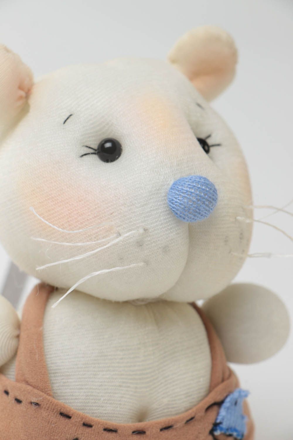 Handmade small nylon soft toy in the shape of white mouse with blue nose photo 3