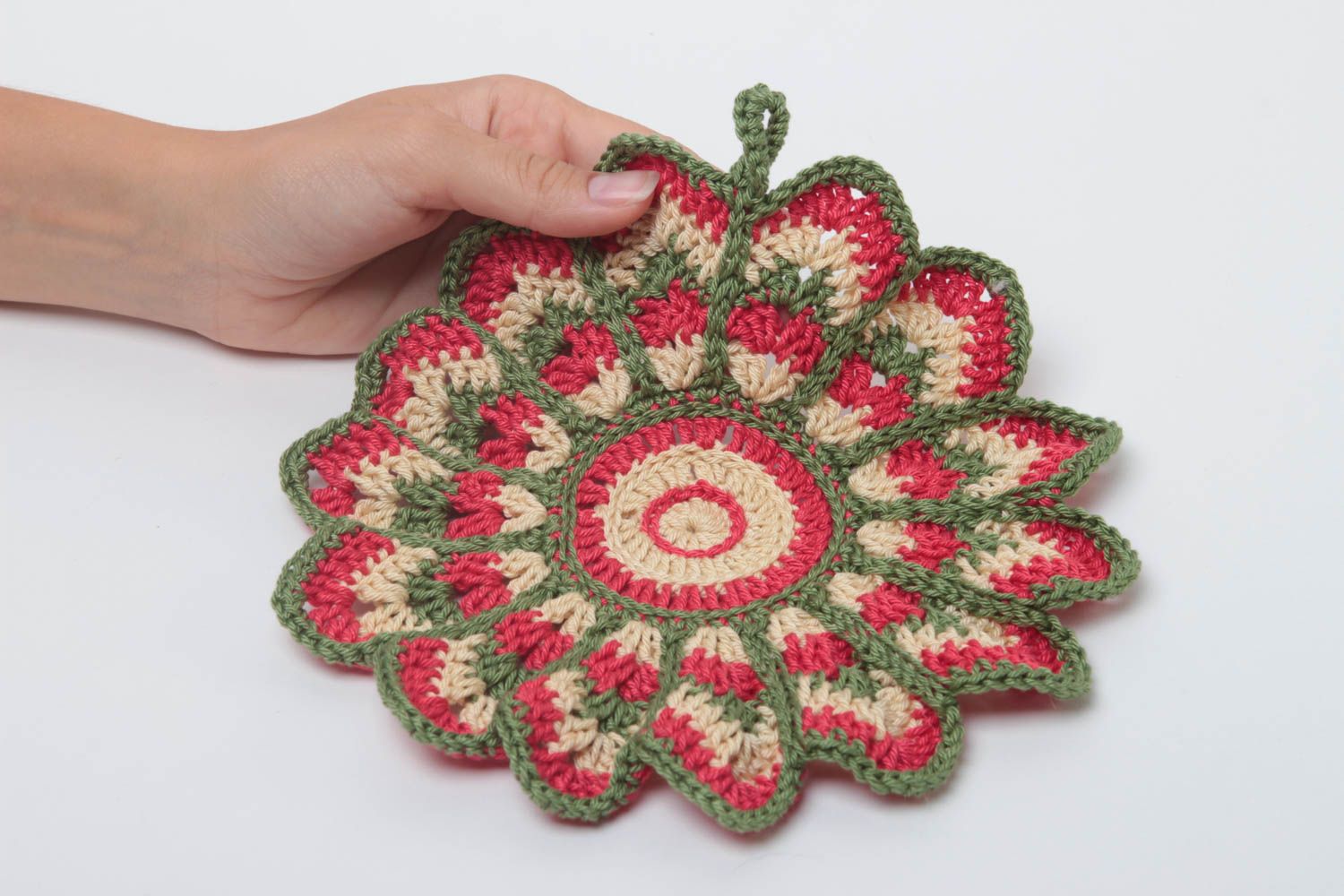 Manique au crochet faite main Textile de cuisine vert-rouge Accessoire cuisine photo 5