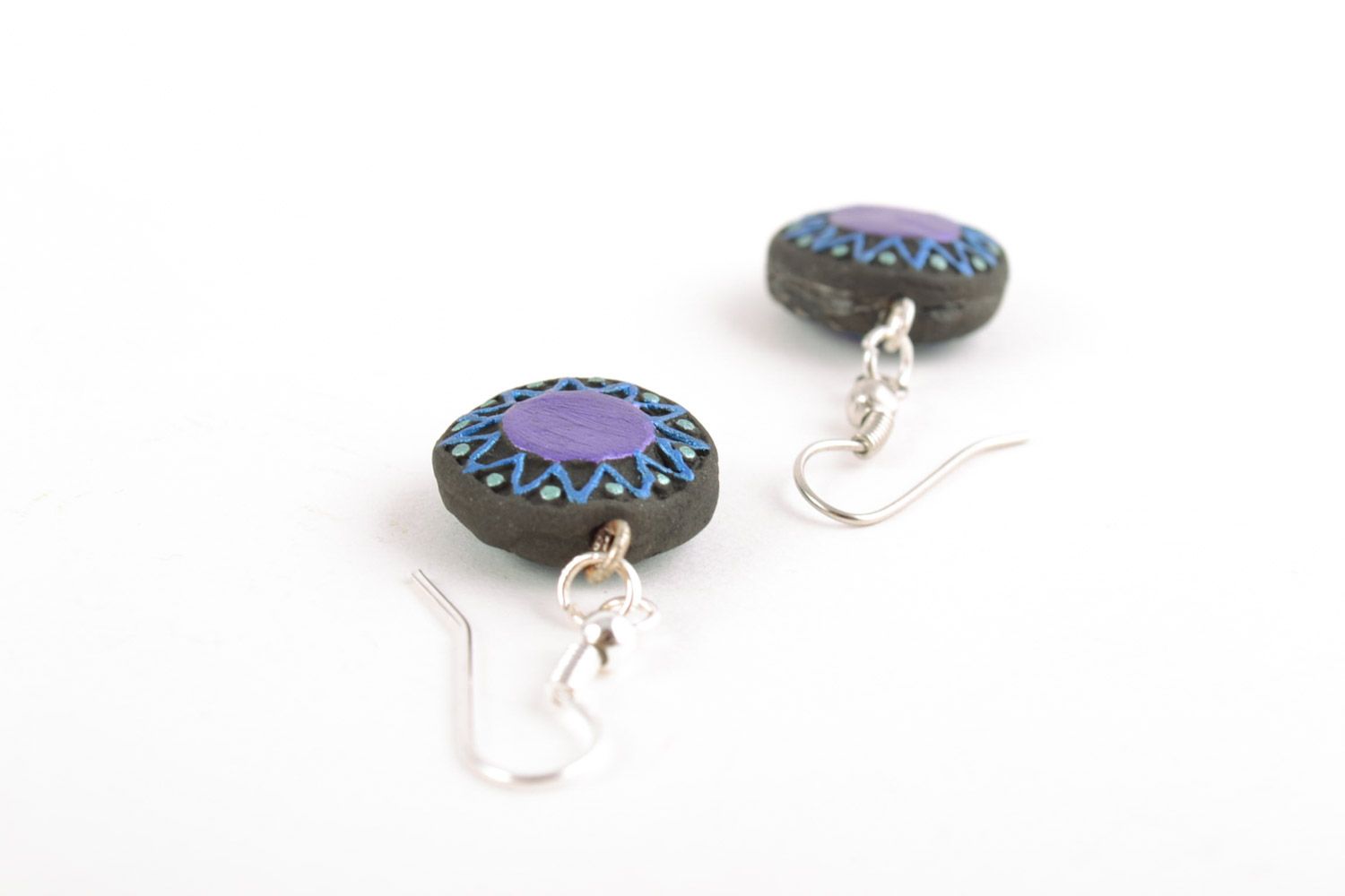 Handmade small round ceramic dangling earrings painted with acrylics Violet Sun photo 3