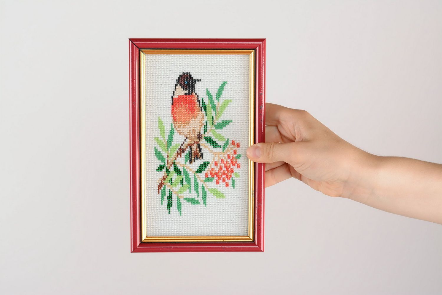 Painting embroidered with beads Bullfinch photo 1