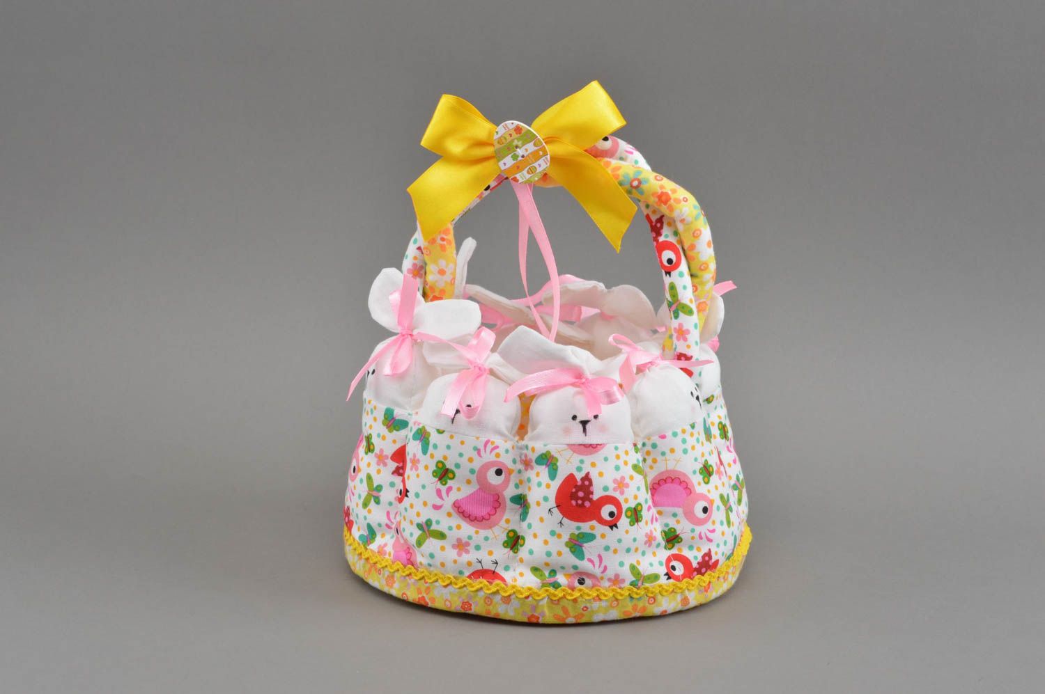 Beautiful Easter interior basket sewn of fabric manually Rabbits in park photo 2