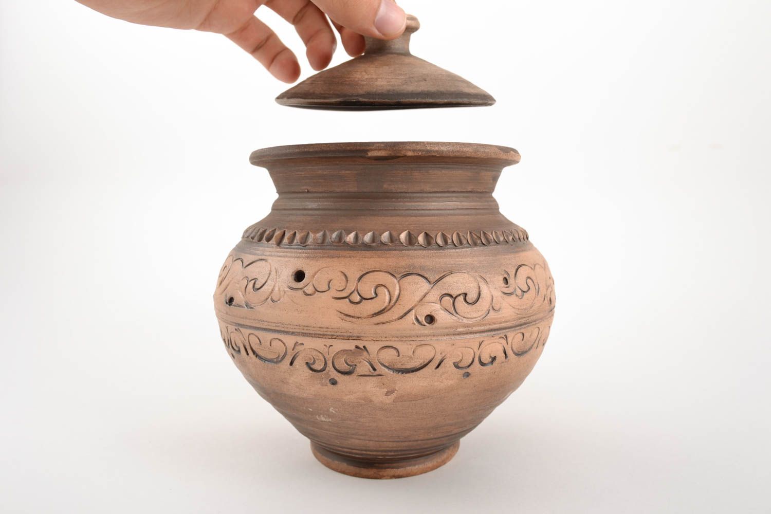 Grand pot à cuire céramique avec couvercle fait main brun original 1.5 l photo 2
