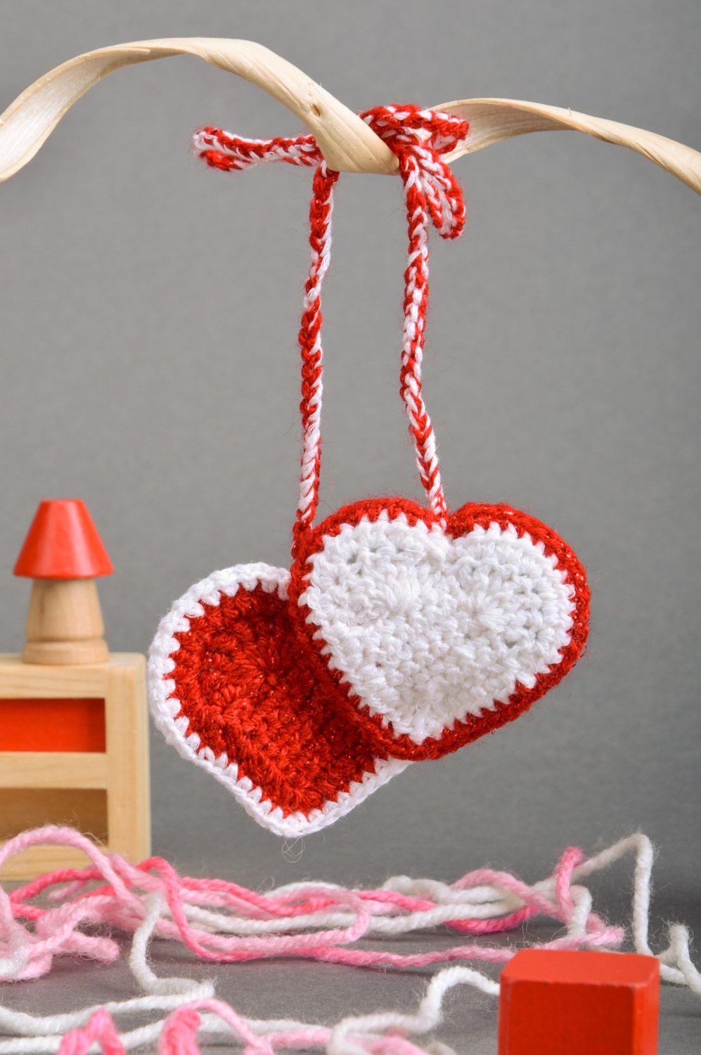 Handmade wall hanging decorations 2 hearts crocheted of semi-woolen threads photo 1