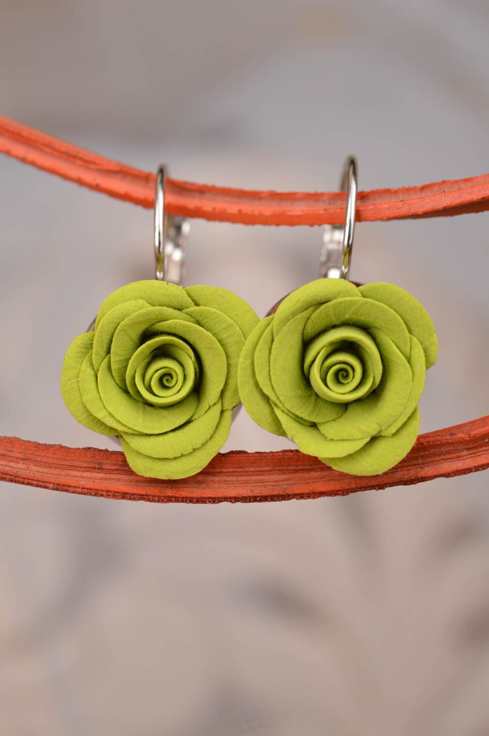 Beautiful bright handmade designer polymer clay flower earrings of lime color photo 5
