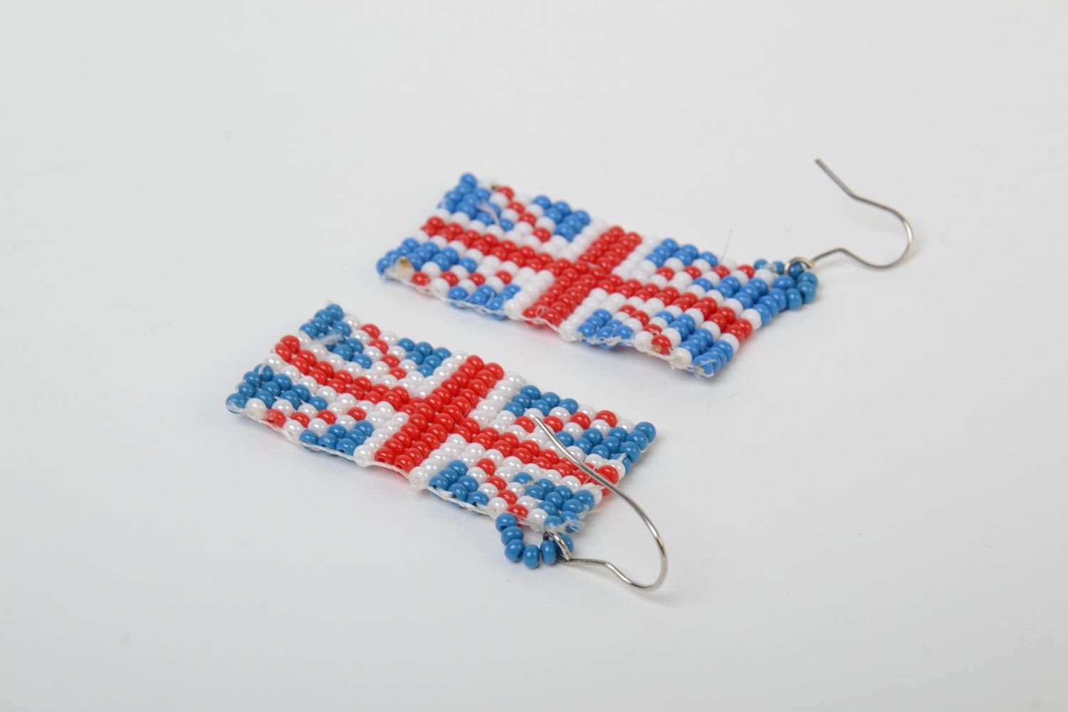 Bright handmade large woven beaded earrings Flag of Great Britain photo 4
