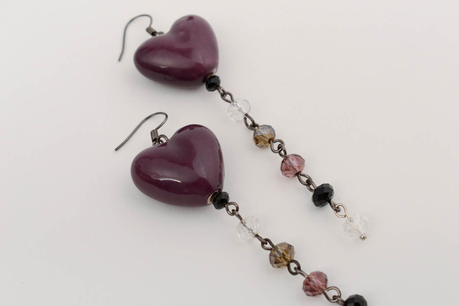 Handmade violet long dangle earrings with Czech crystal and ceramic beads photo 2