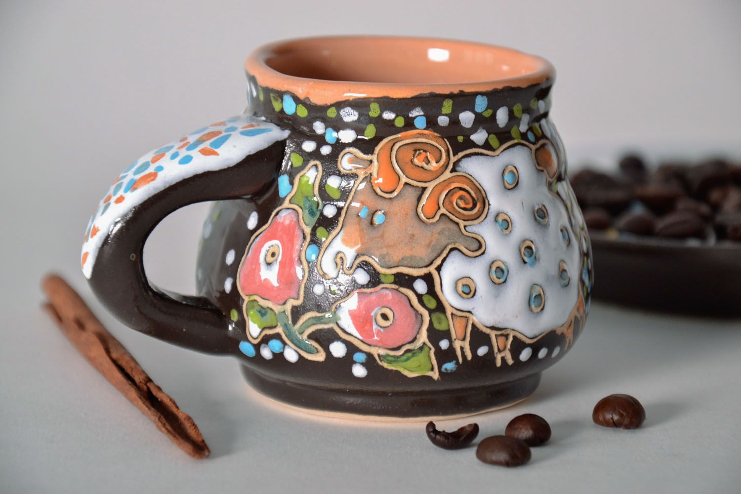 Clay ceramic glazed brown 5 oz coffee cup with ship pattern photo 1