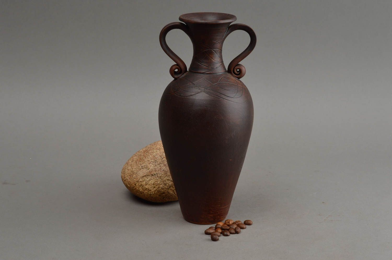 9 inches brown ceramic handmade vase décor with two handles 1 lb photo 1
