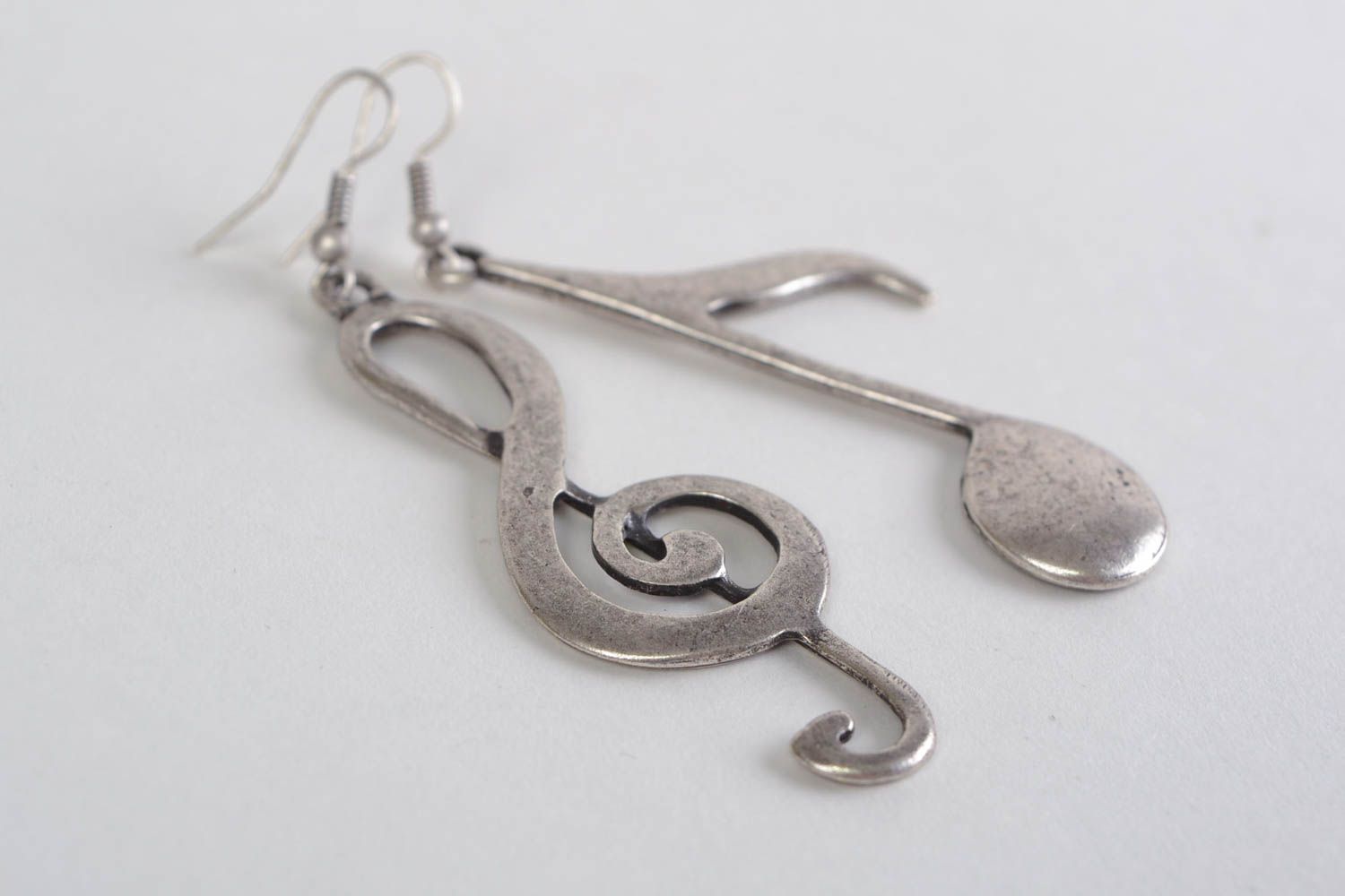 Unusual design handmade cast metal dangle earrings in the shape of notes photo 3