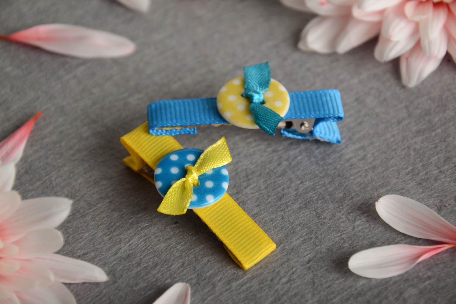 Hairpins for baby yellow with blue set of 2 pieces handmade barrettes for girl photo 1