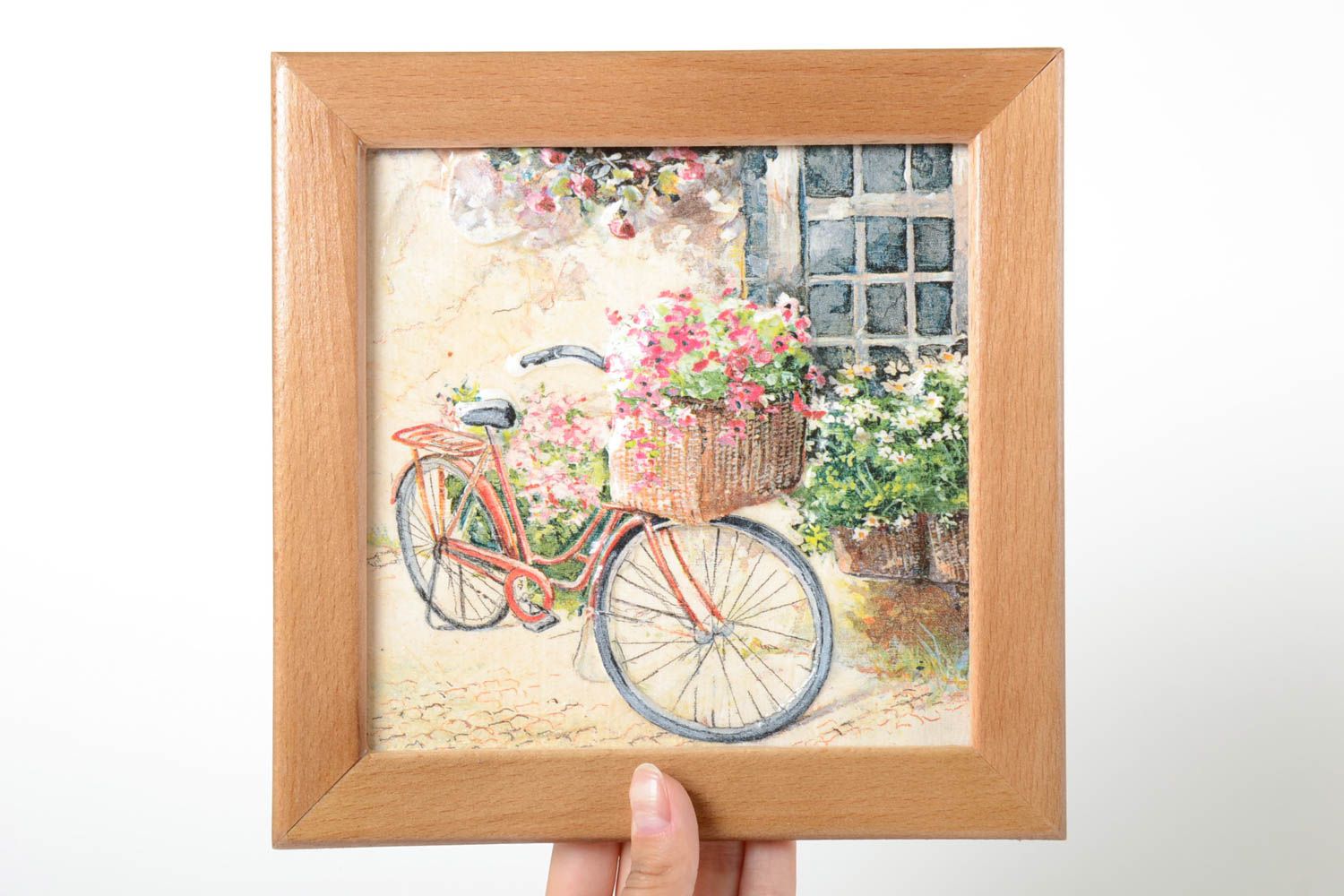 Декор для дома ручной работы панно декупаж картина в раме Велосипед красивая фото 5