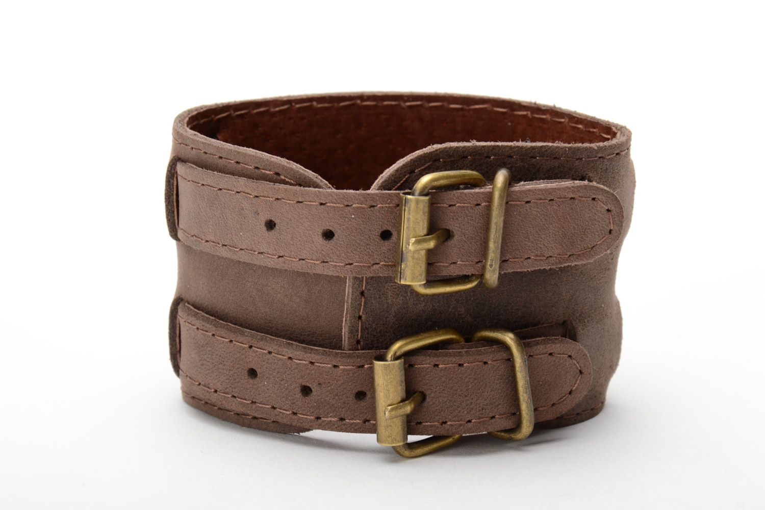 Unisex handmade brown genuine leather wide bracelet 65 diameter photo 3