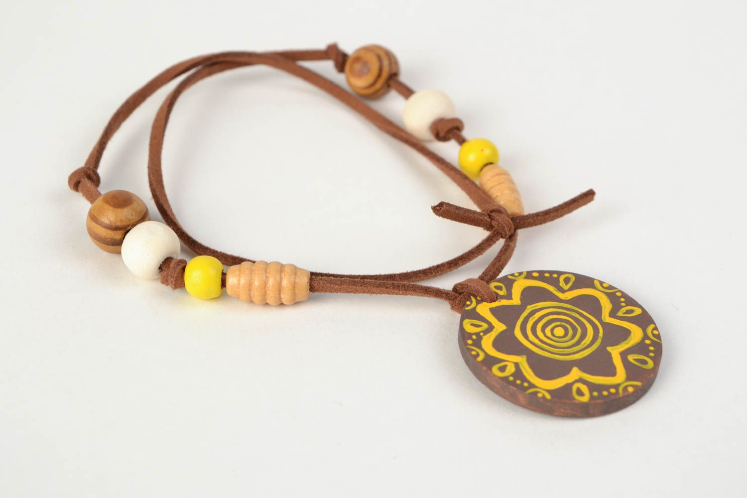 Handmade ethnic round polymer clay neck pendant on cord with wooden beads photo 4