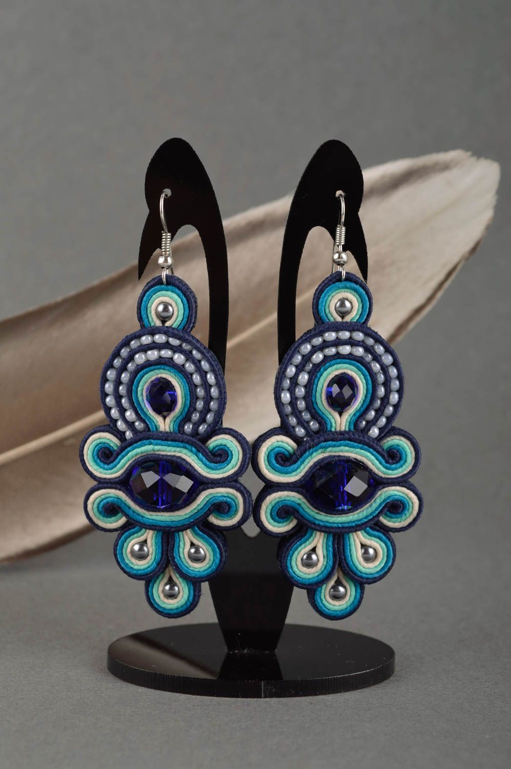 Handmade earrings dangling earrings blue soutache earrings unique jewelry photo 1