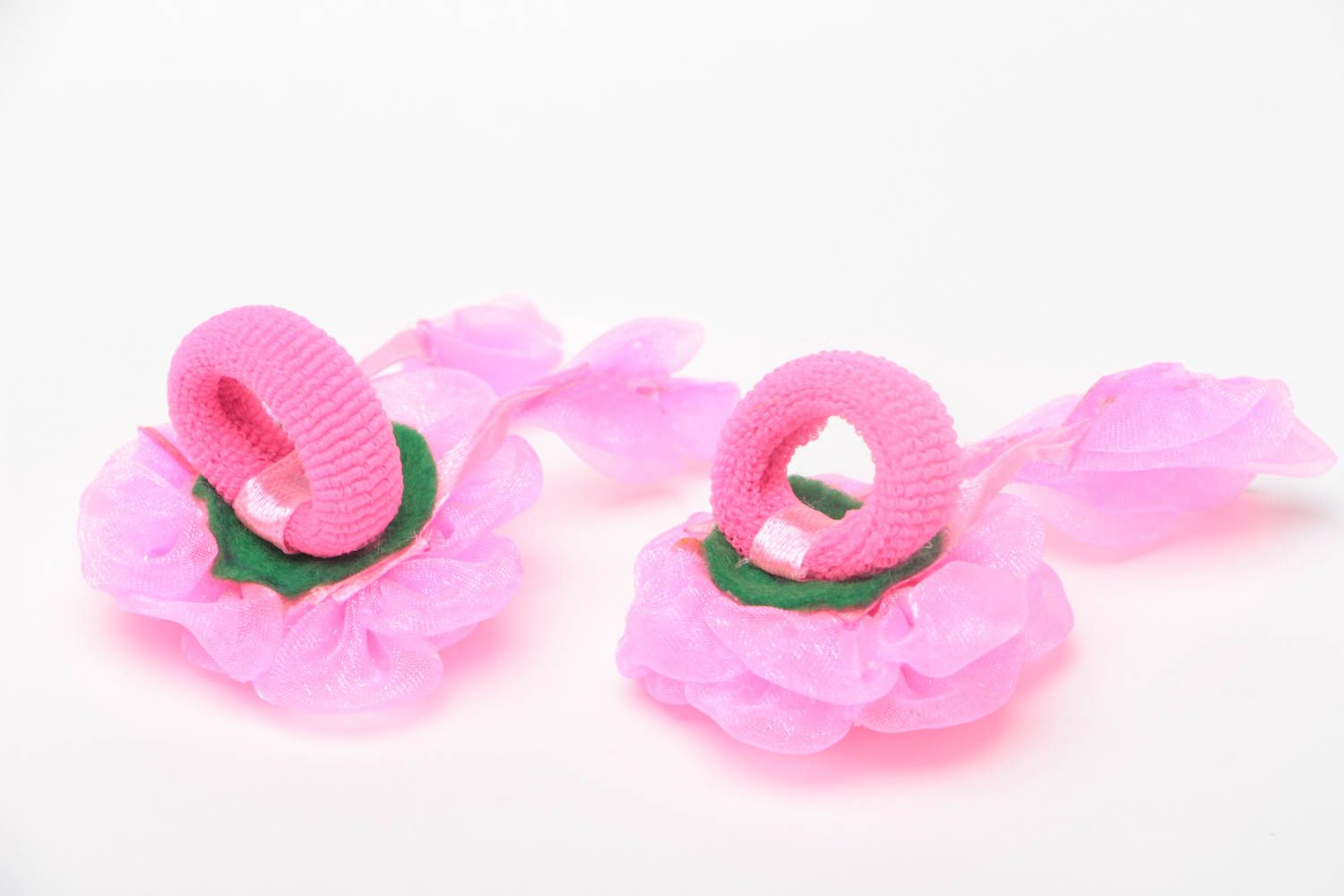 Ensemble d'élastiques à cheveux fleurs roses en organza faits main 2 pièces photo 4