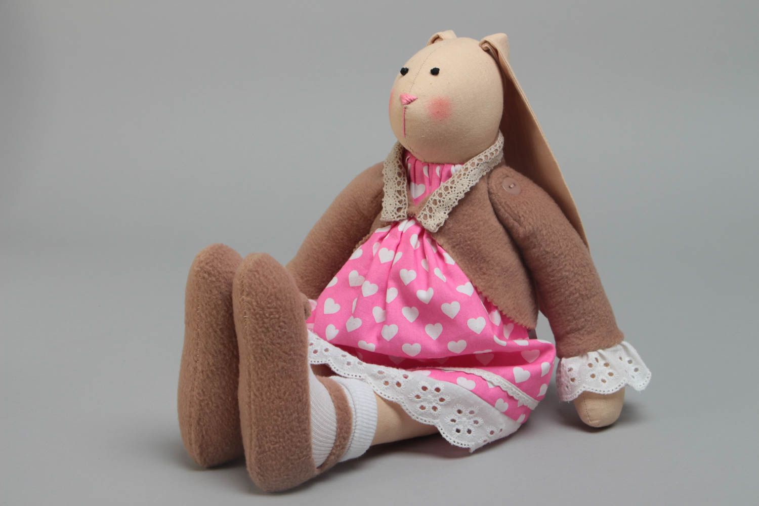 Handmade designer soft toy rabbit girl in pink dress with white hearts pattern photo 2
