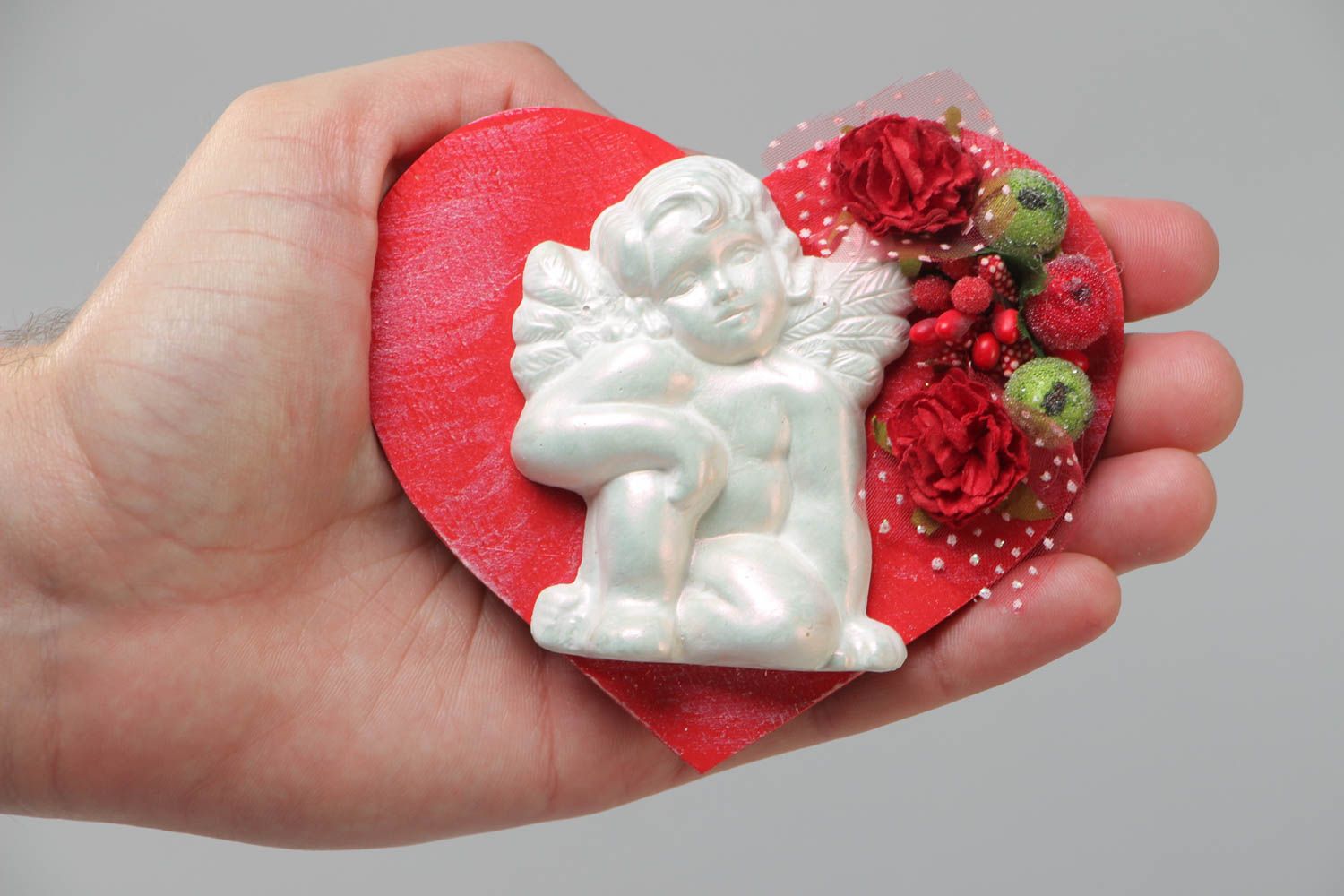 Handmade designer wooden fridge magnet in the shape of heart with plaster angel photo 5