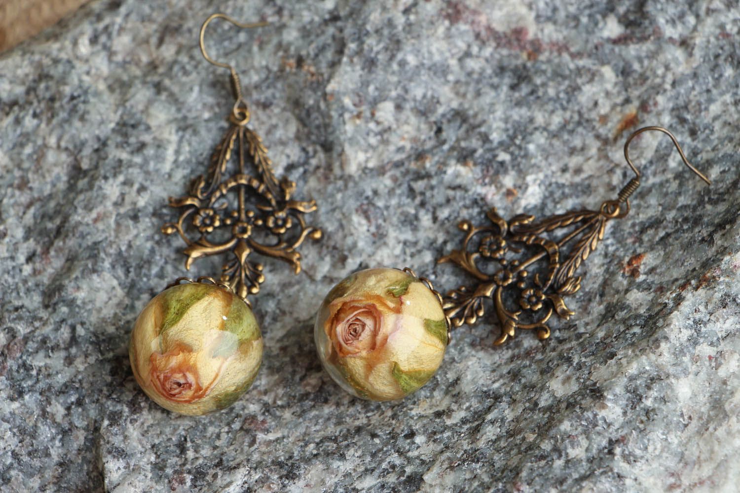 Earrings with rose buds in epoxy resin photo 3