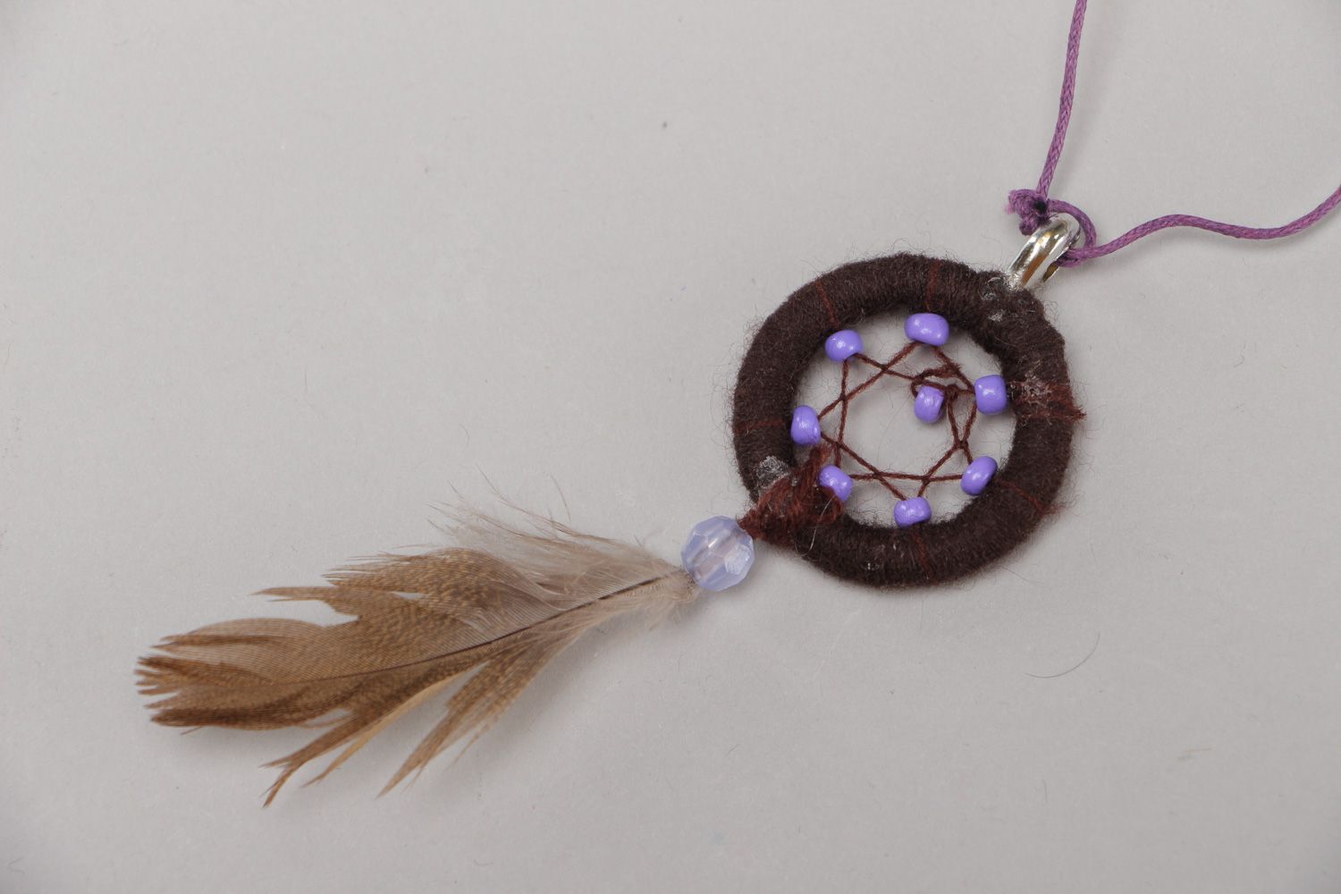 Brown handmade dreamcatcher pendant necklace with natural feather for women photo 1