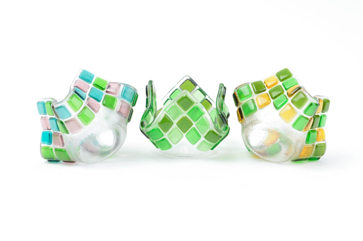 Bougeoirs design fait main Déco maison 3 pièces en verre verts Cadeau original photo 3