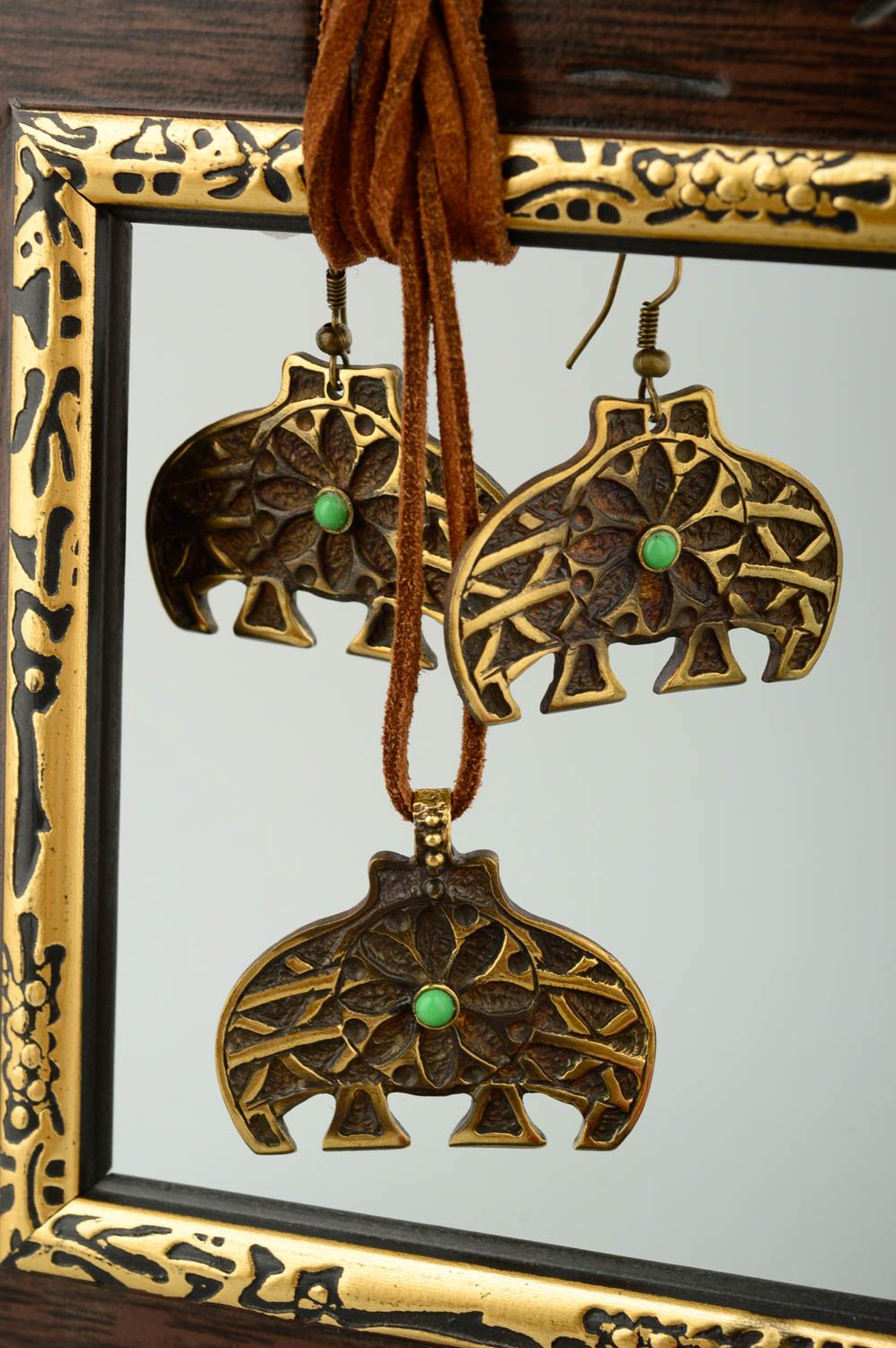 Parure de Bijoux en bronze fait main pierres vertes Boucles d'oreilles pendentif photo 1