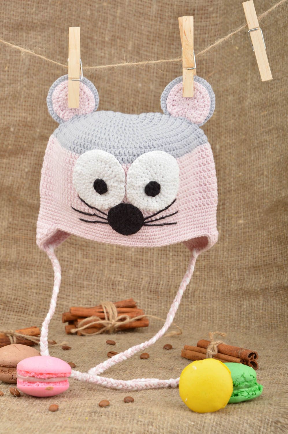 Kinder Mütze aus Baumwolle Maus handmade mit Ohrenklappen gehäkelt originell  foto 1