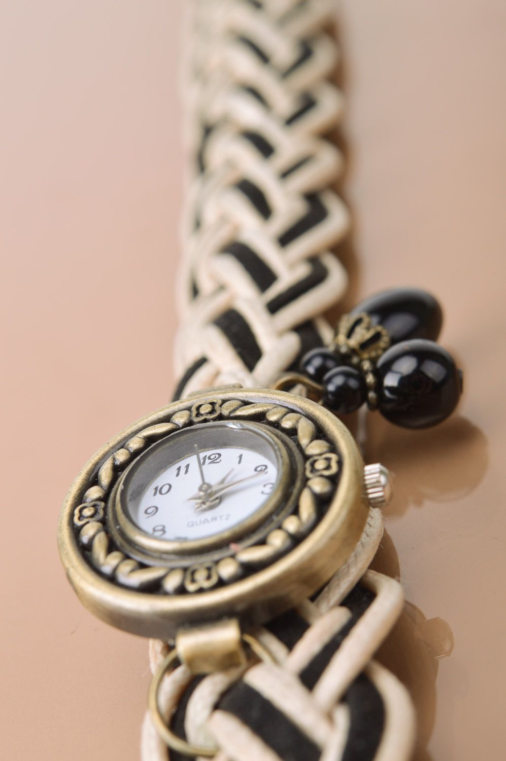 Handmade women's wrist watch with double wrap beige and black colors strap photo 4