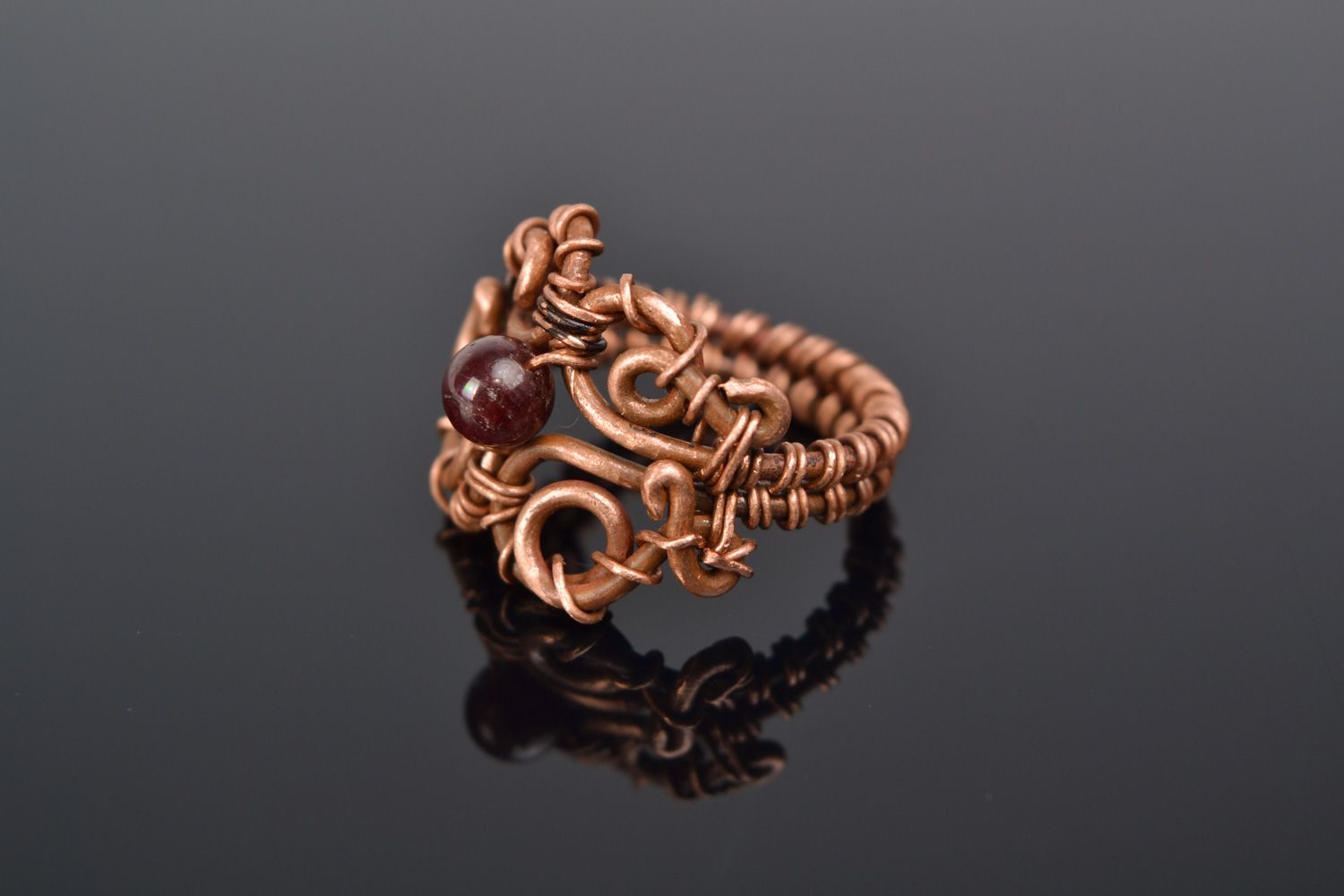 Homemade wire wrap copper ring with garnet photo 1