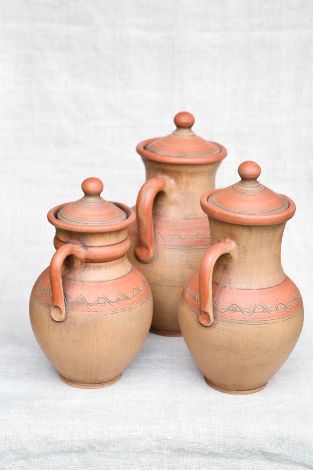 Set of three clay glazed wine milk juice jugs with lids and handles gift home pottery photo 5
