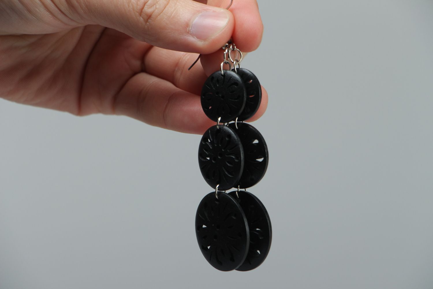 Long black earrings with buttons photo 3