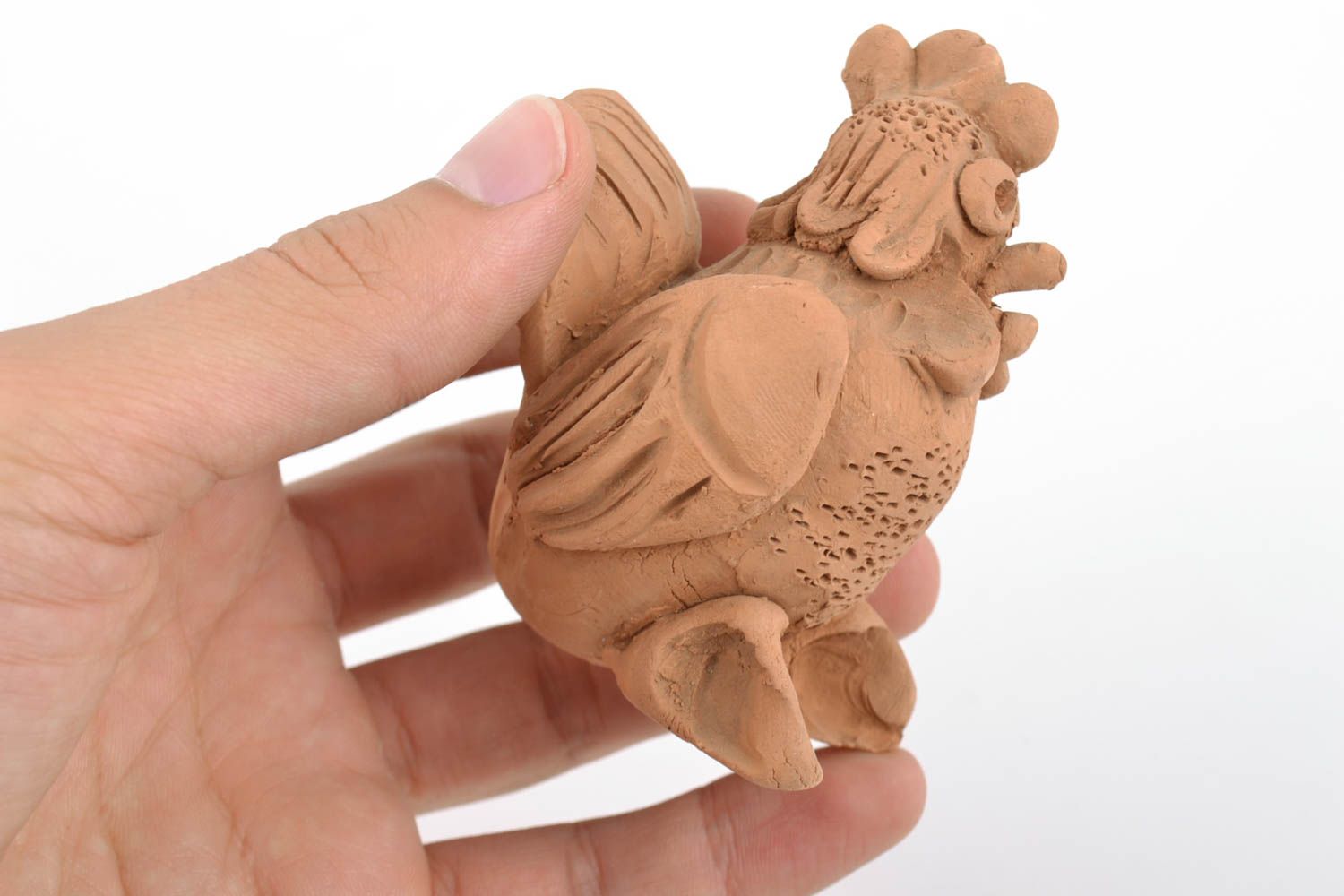 Small handmade designer brown clay figurine of rooster photo 2