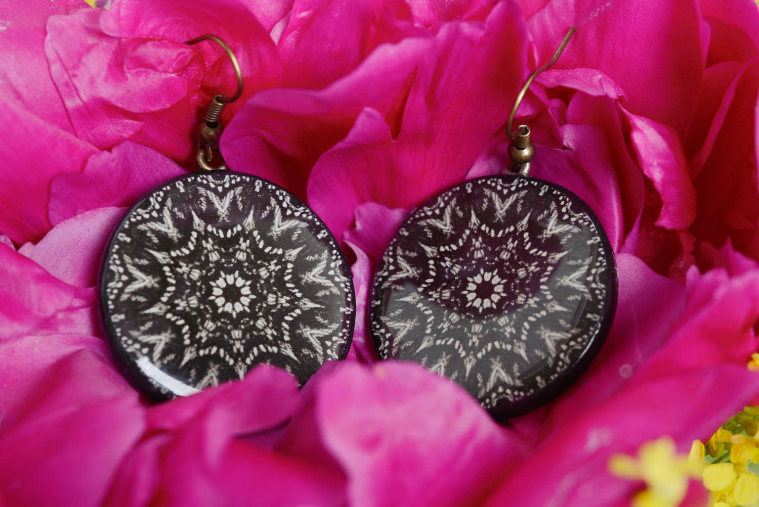 Black and white earrings made of polymer clay with decoupage technique hand made photo 1