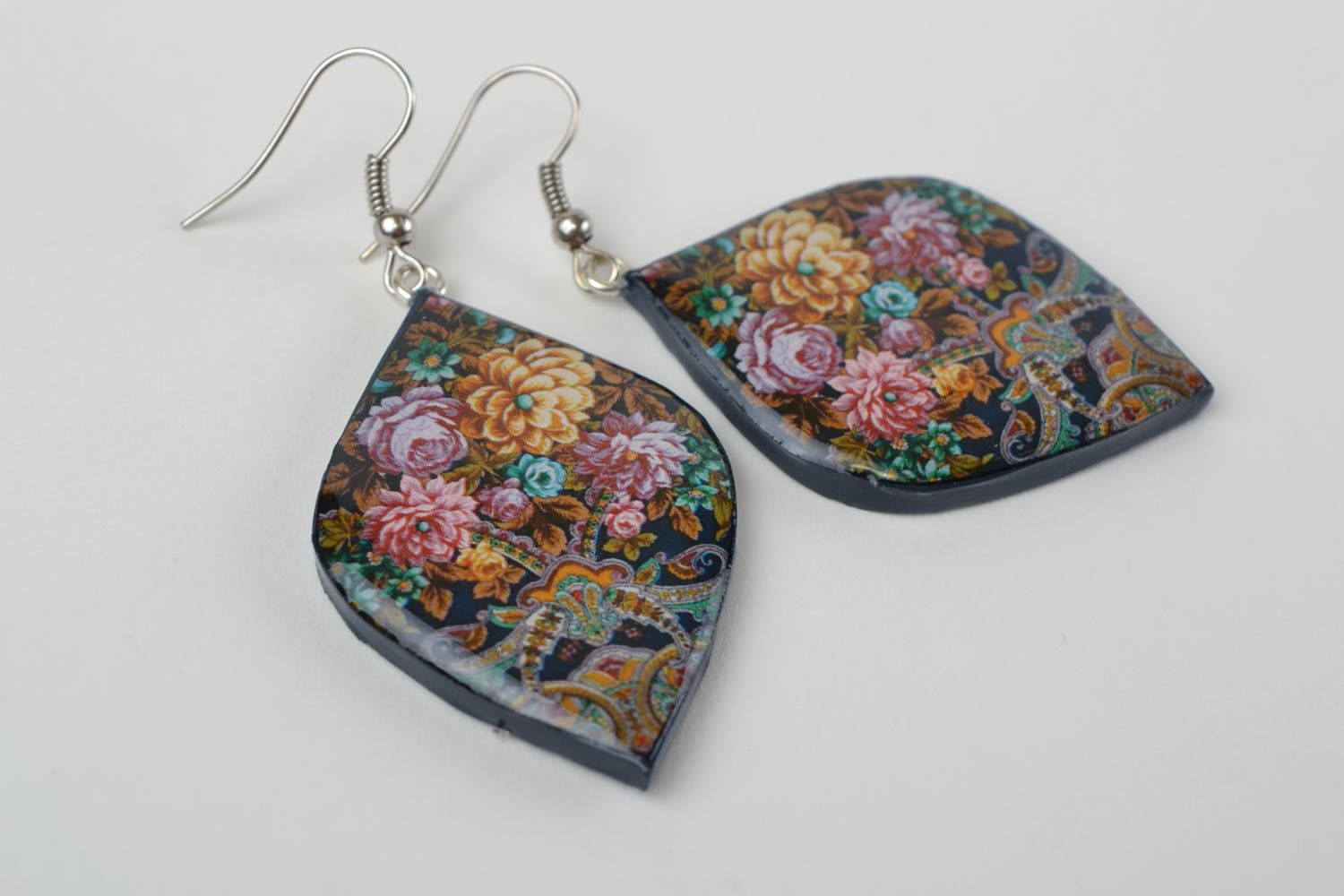 Beautiful handmade polymer clay earrings with decoupage Flowers photo 3