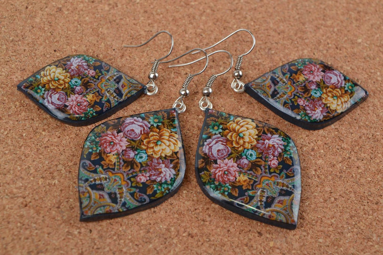 Beautiful handmade designer polymer clay dangle earrings with decoupage 2 pieces photo 1