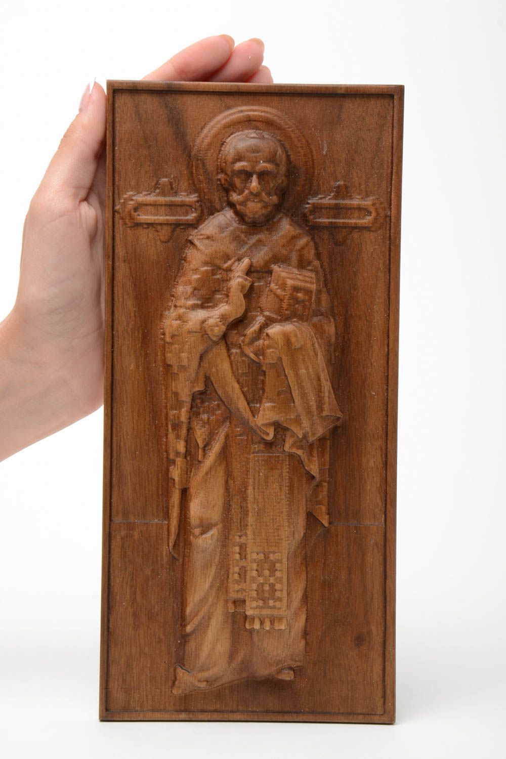 Резная деревянная икона ручной работы с металлическим креплением для дома святой Николая фото 5