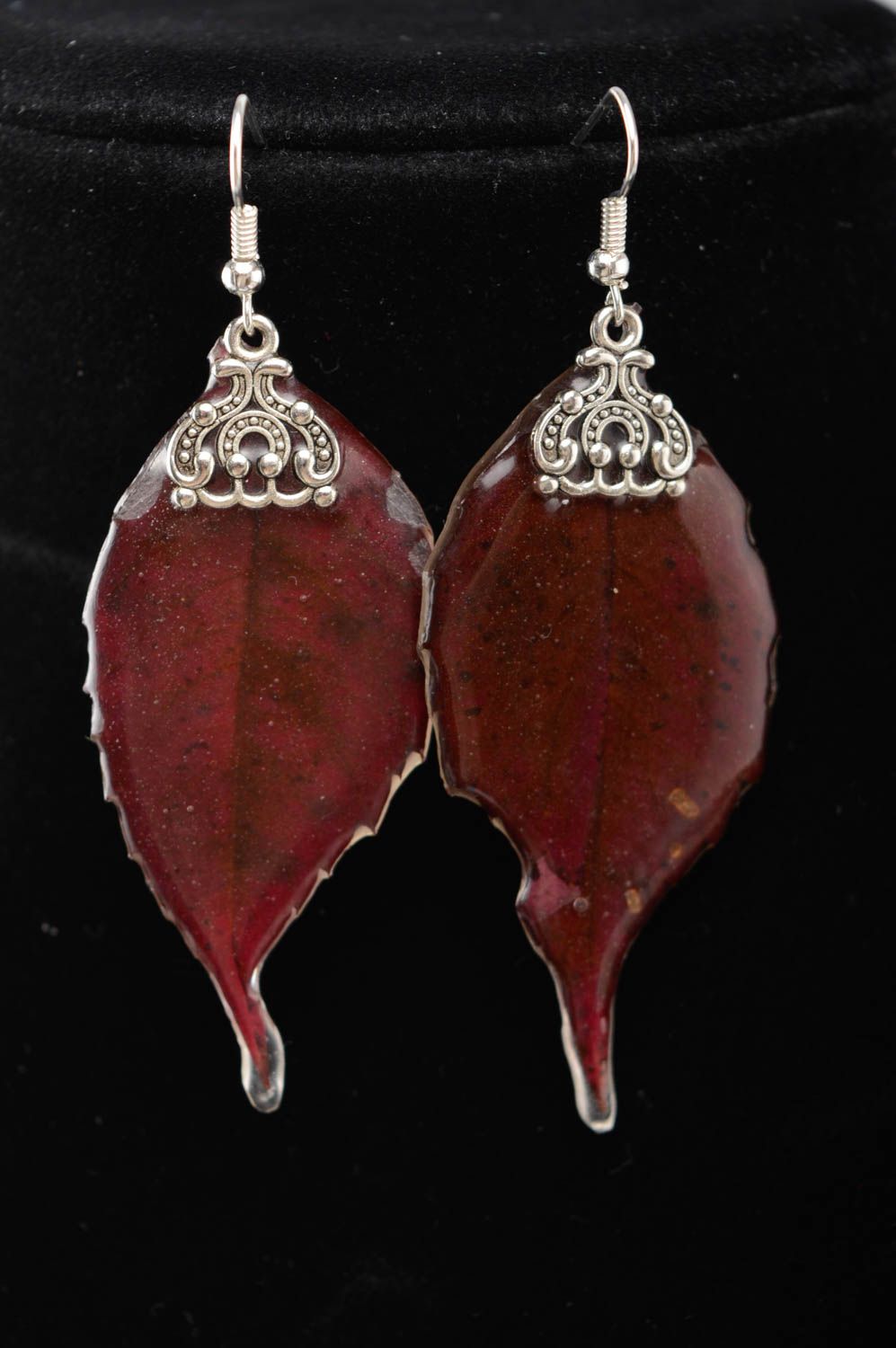Dangle earrings with real leaves of wild grapes coated with epoxy resin photo 2