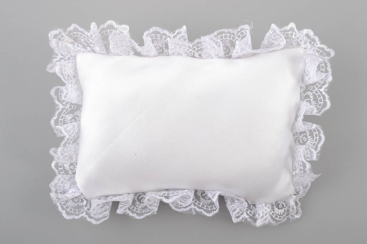 Beautiful rectangular white handmade wedding pillow for rings with flowers photo 3