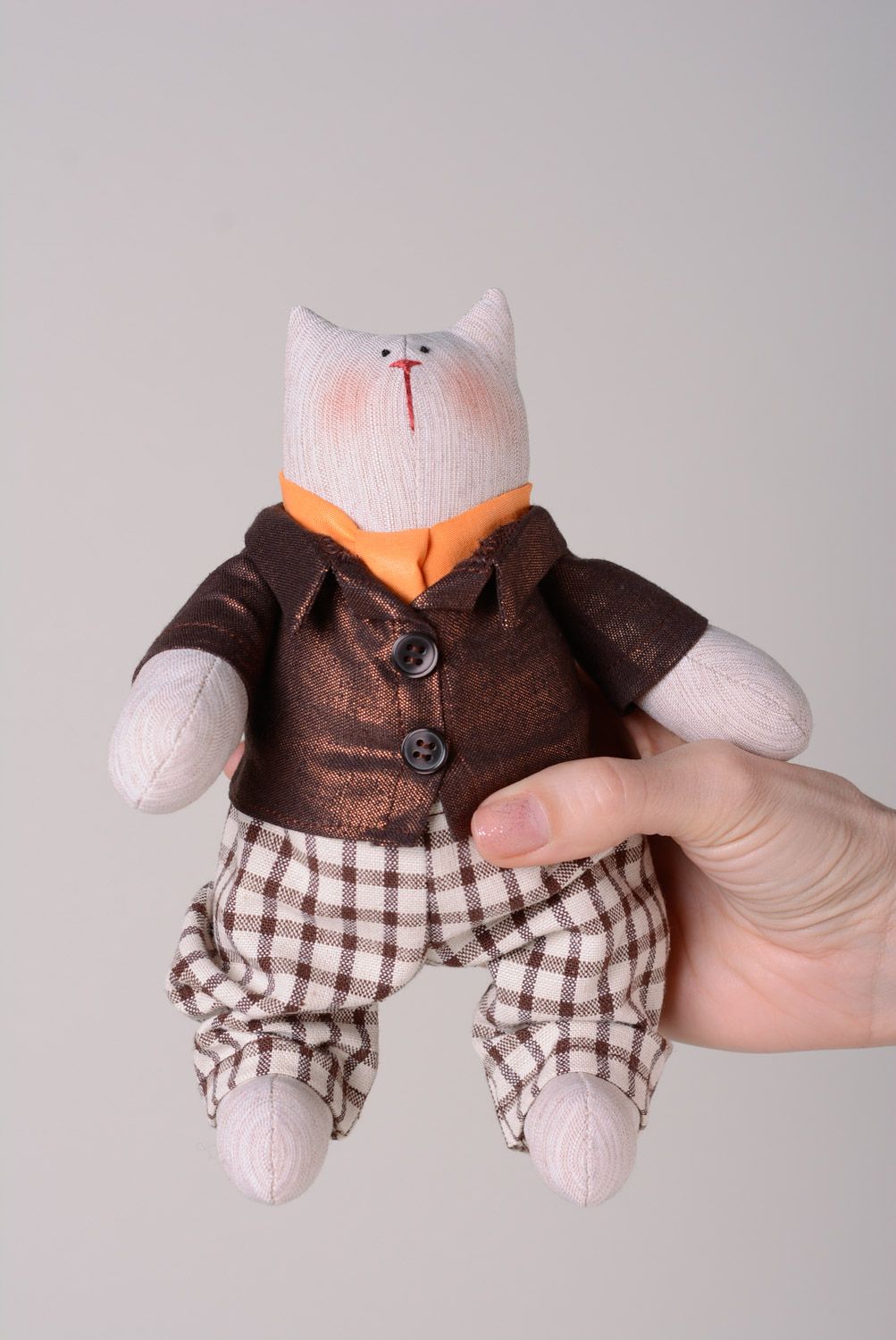 Handmade soft toy sewn of cotton and linen Cat in jacket and checkered trousers photo 3