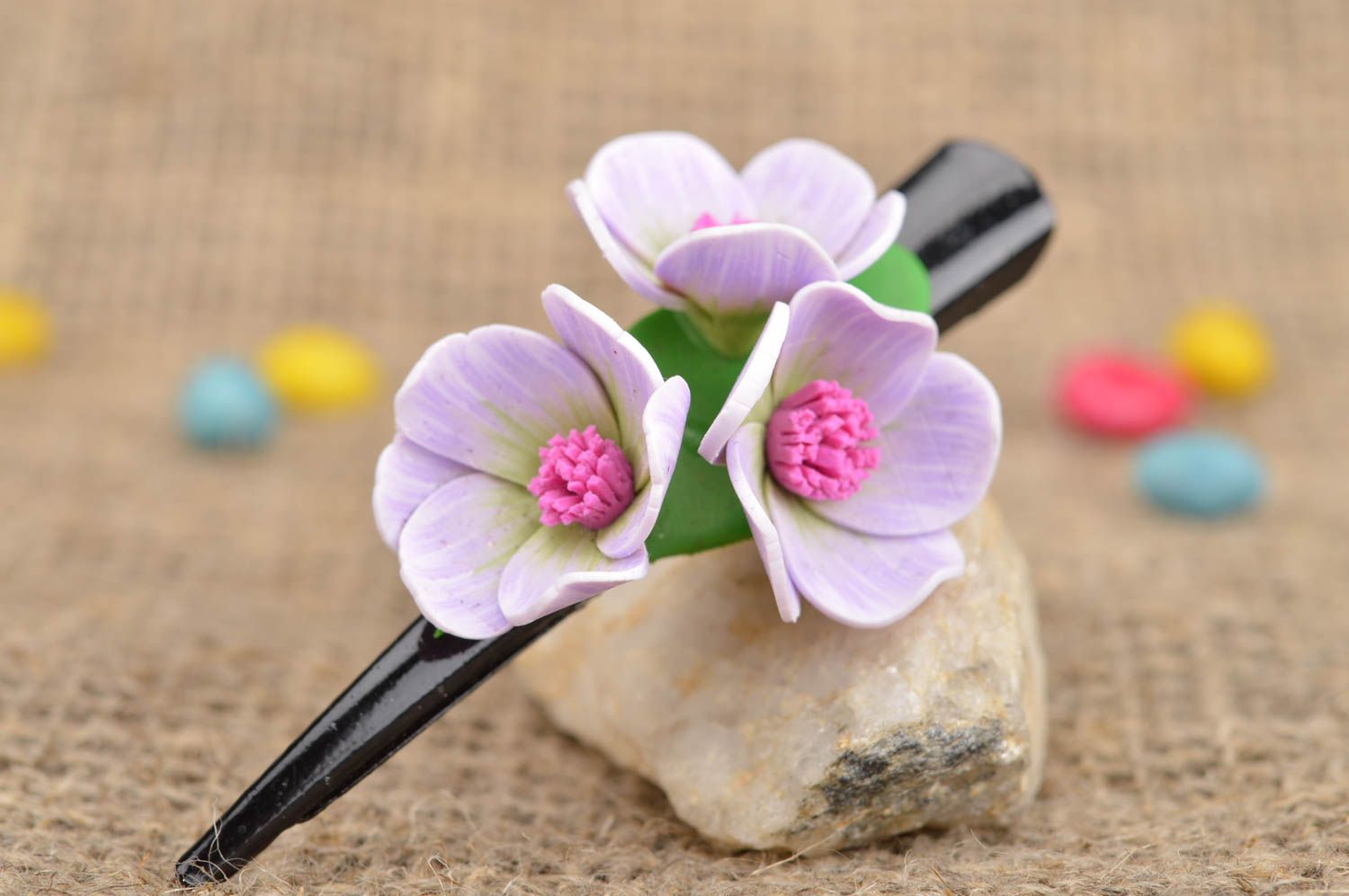 Unusual handmade lilac polymer clay flower hair clip photo 1